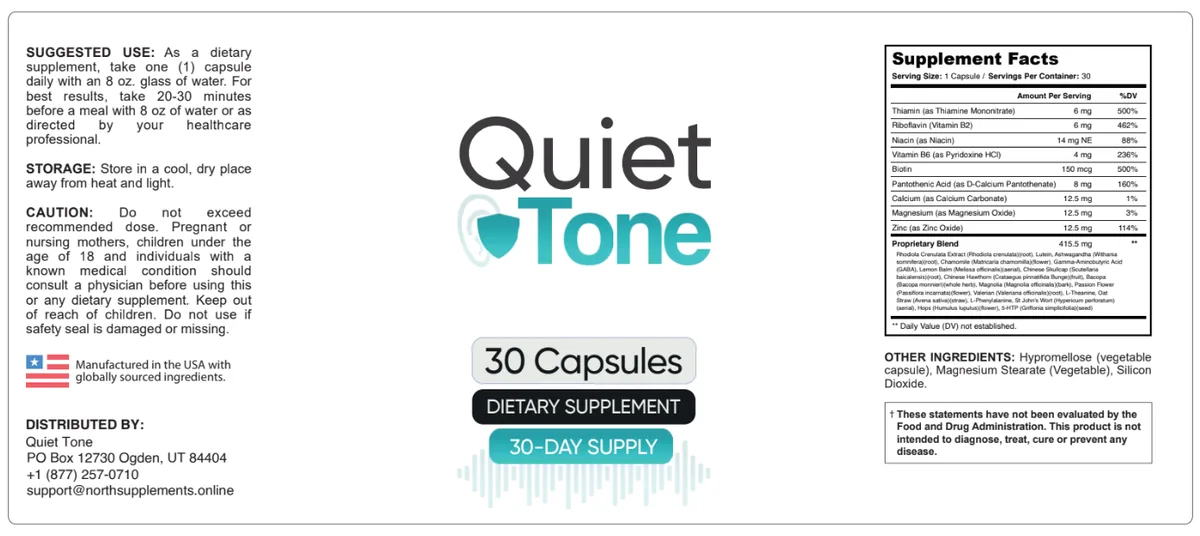 Quiet Tone full product label including suggested use, caution and Supplement Facts