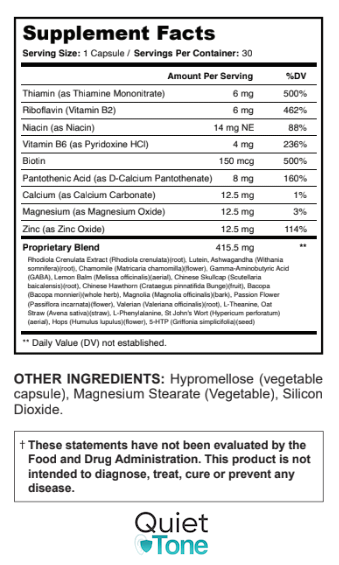 Quiet Tone Supplement Facts panel as printed on the bottle